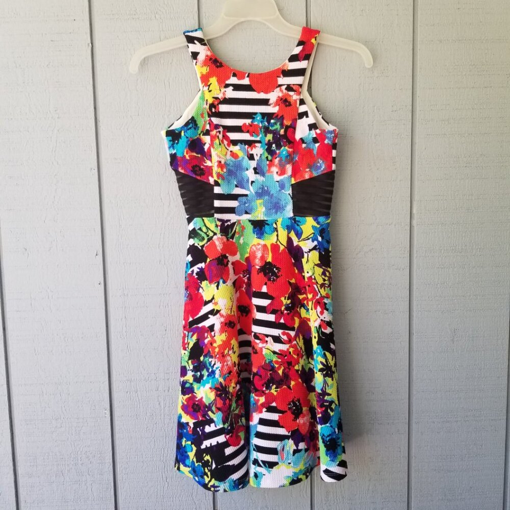 Tween Diva Dress Girls 14 Floral Striped Mesh Insert Party Skater
